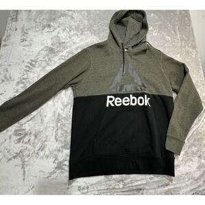 Reebok Hoodie Mens Size Large Black/Green Sweatshirt‎ Pullover Logo Pocket EUC
